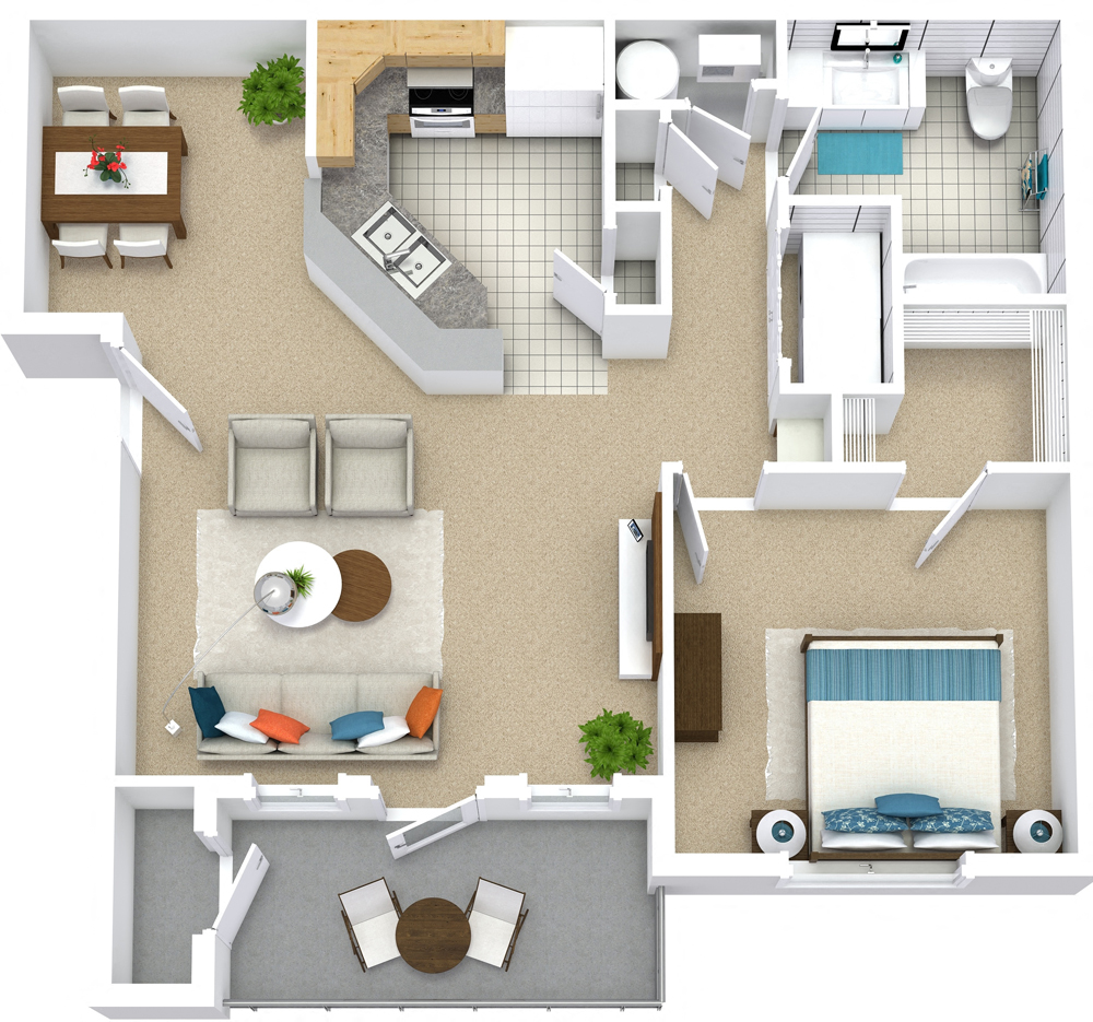 Floor plan for 1 bed, 1 bath, 865 sqft